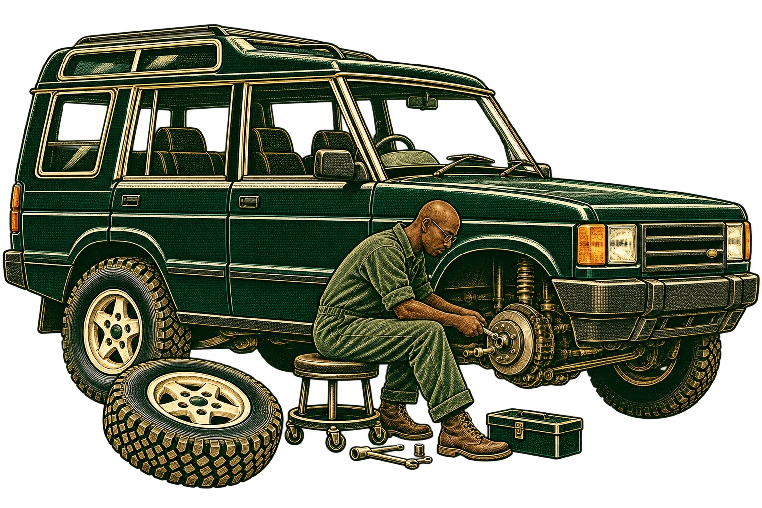 Slim bald Black mechanic wearing glasses, working on a Land Rover Discovery: brake care