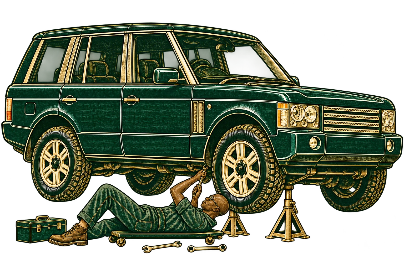 Slim bald Black mechanic wearing glasses, working on a Range Rover L322: underbody maintenance