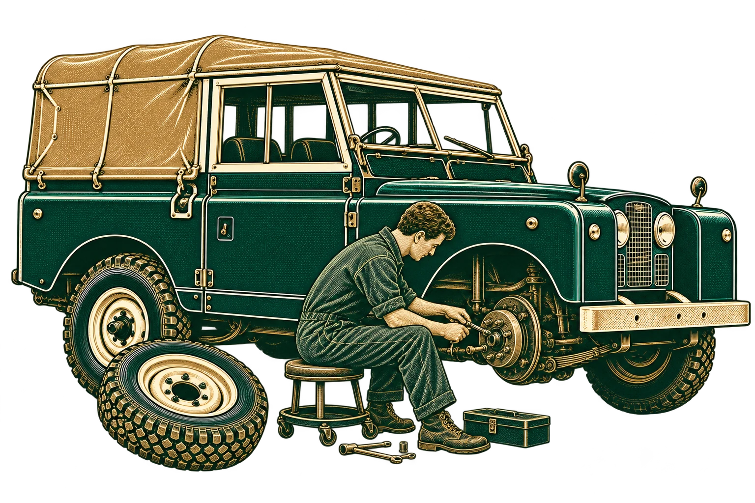 Slim mechanic working on a classic Land Rover: brake care
