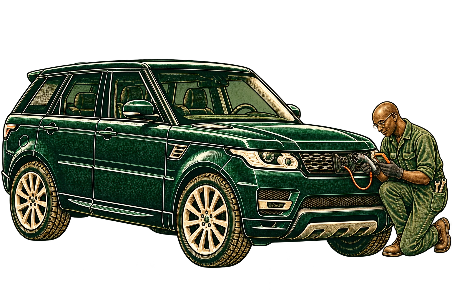 Slim bald Black mechanic wearing glasses, testing the charging connection on a Range Rover Sport plug-in hybrid for hybrid and EV repairs