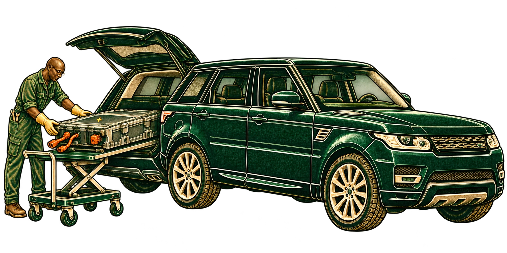Slim bald Black mechanic wearing glasses, removing a battery module from a Range Rover Sport rear cargo area for hybrid and EV repairs
