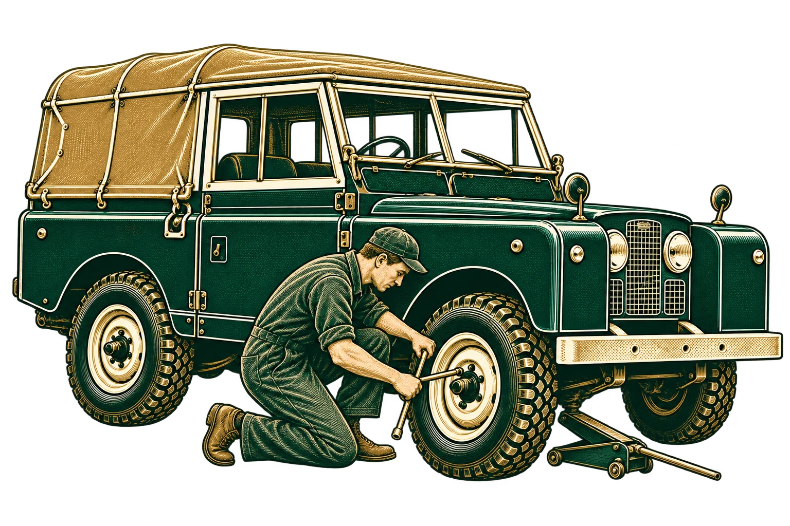 Slim mechanic working on a classic Land Rover: tyre change